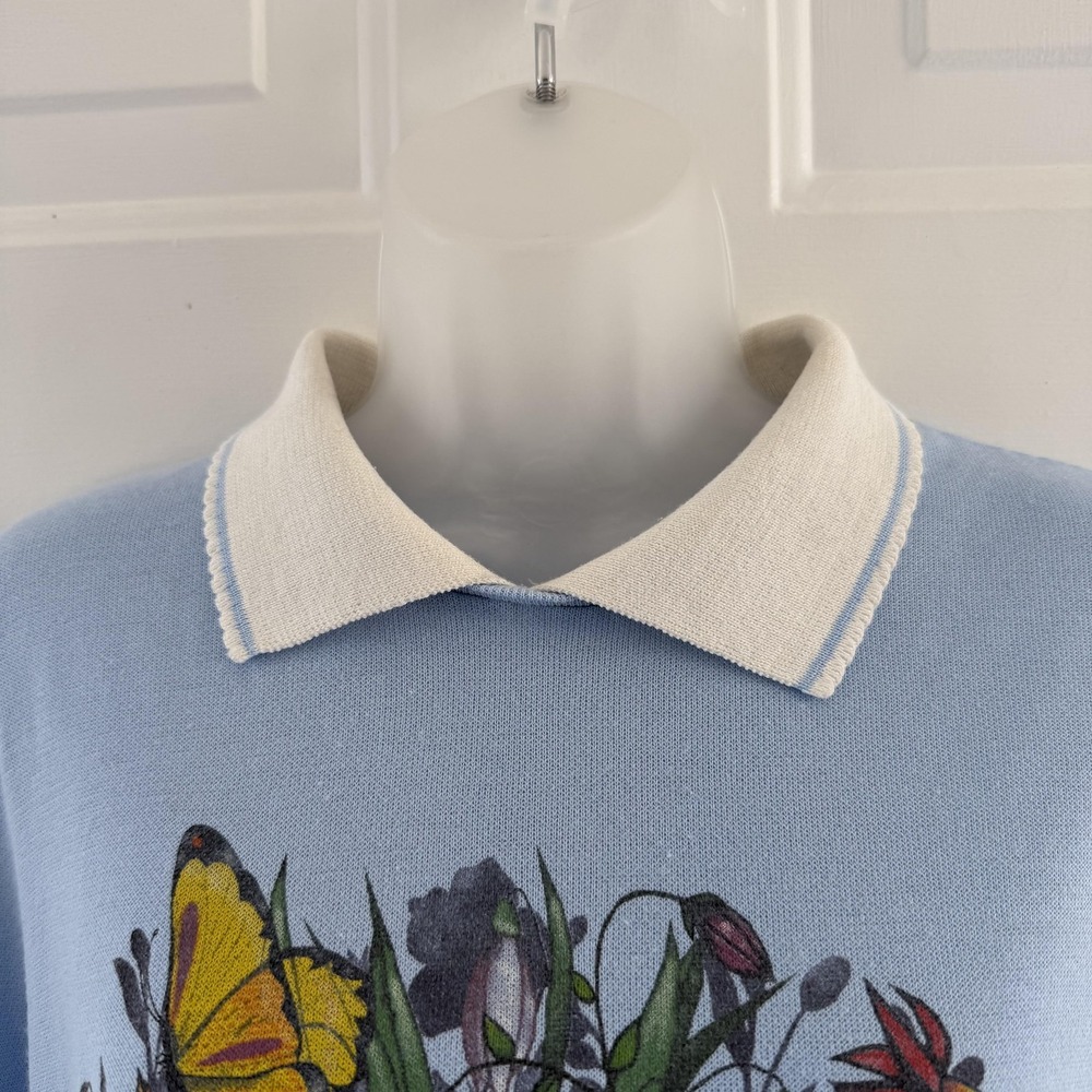 Vintage Sweatshirt Womens XL Blue Floral Butterfly Collar Retro 90s Cottagecore - Picture 4 of 16